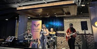 a group of people playing music in a bar